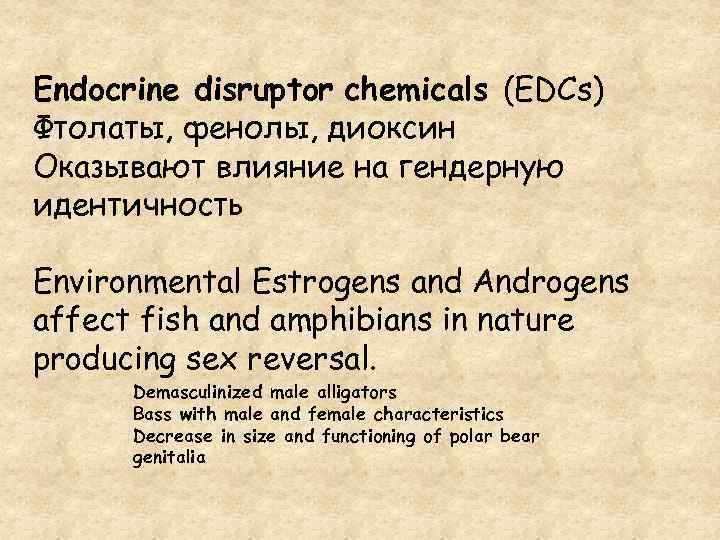 Endocrine disruptor chemicals (EDCs) Фтолаты, фенолы, диоксин Оказывают влияние на гендерную идентичность Environmental Estrogens