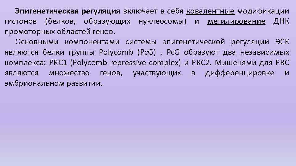 Эпигенетическая регуляция включает в себя ковалентные модификации гистонов (белков, образующих нуклеосомы) и метилирование ДНК