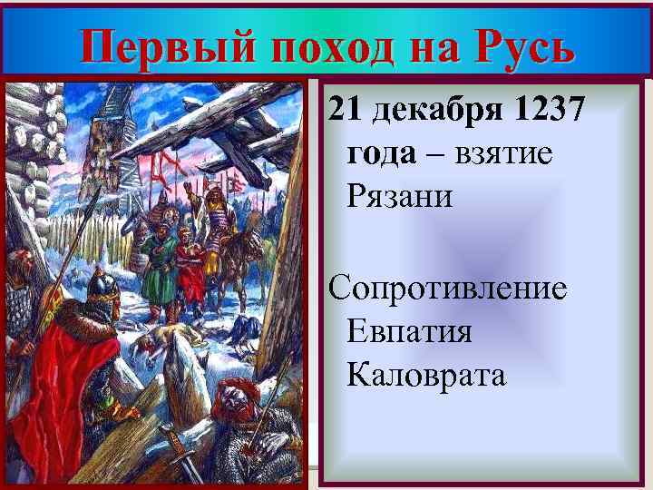Первый поход на Русь 21 декабря 1237 года – взятие Рязани Сопротивление Евпатия Каловрата