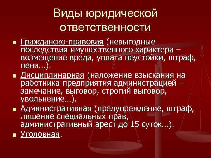 Виды юридической ответственности n n Гражданско-правовая (невыгодные последствия имущественного характера – возмещение вреда, уплата