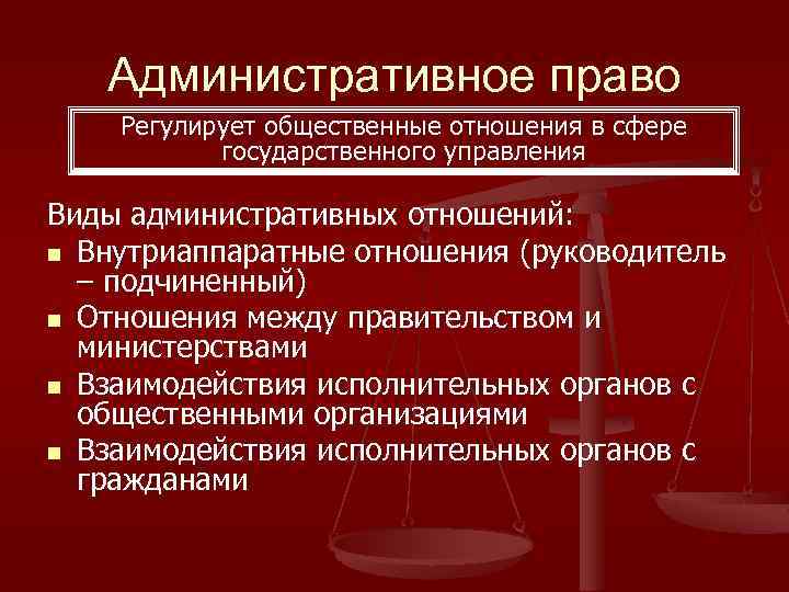 Административное право Регулирует общественные отношения в сфере государственного управления Виды административных отношений: n Внутриаппаратные