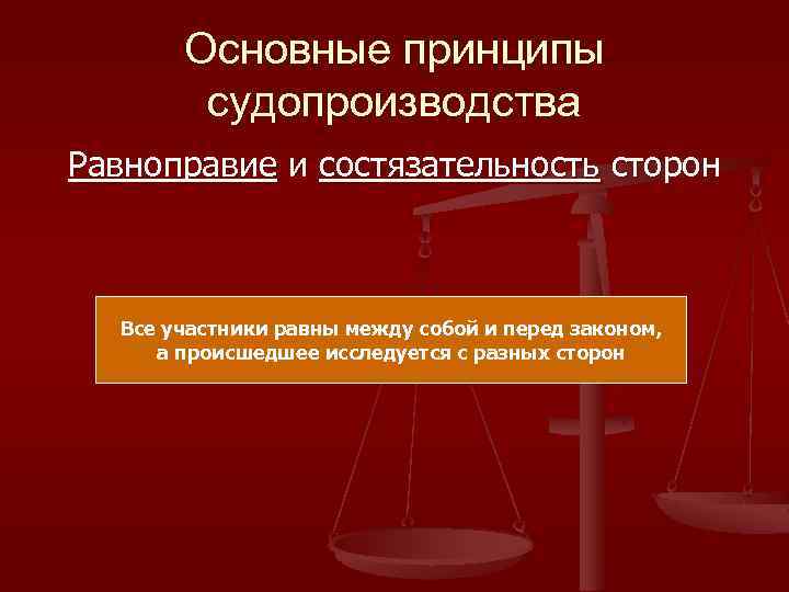 Основные принципы судопроизводства Равноправие и состязательность сторон Все участники равны между собой и перед