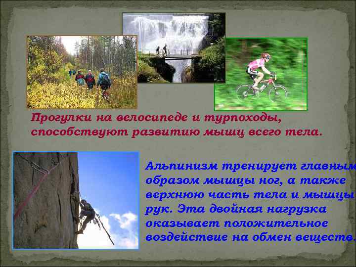 Прогулки на велосипеде и турпоходы, способствуют развитию мышц всего тела. Альпинизм тренирует главным образом