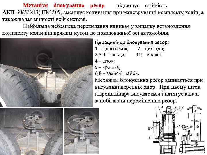 Механізм блокування ресор підвищує стійкість АКП-30(53213) ПМ 509, зменшує коливання при маневруванні комплекту колін,
