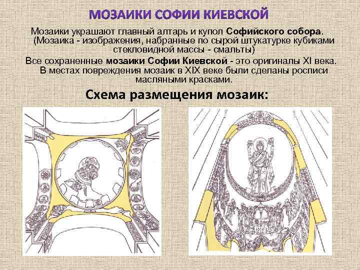 Мозаики украшают главный алтарь и купол Софийского собора. (Мозаика - изображения, набранные по сырой