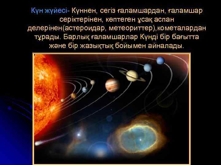 Күн жүйесі- Күннен, сегіз ғаламшардан, ғаламшар серіктерінен, көптеген ұсақ аспан делерінен(астероидар, метеориттер), кометалардан тұрады.