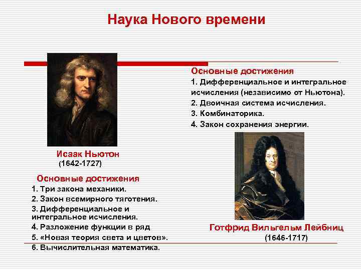 Наука Нового времени Основные достижения 1. Дифференциальное и интегральное исчисления (независимо от Ньютона). 2.