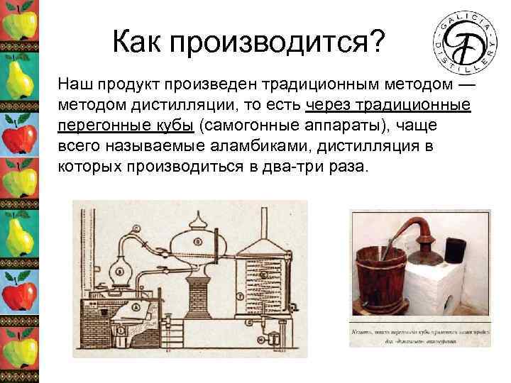 Как производится? Наш продукт произведен традиционным методом — методом дистилляции, то есть через традиционные