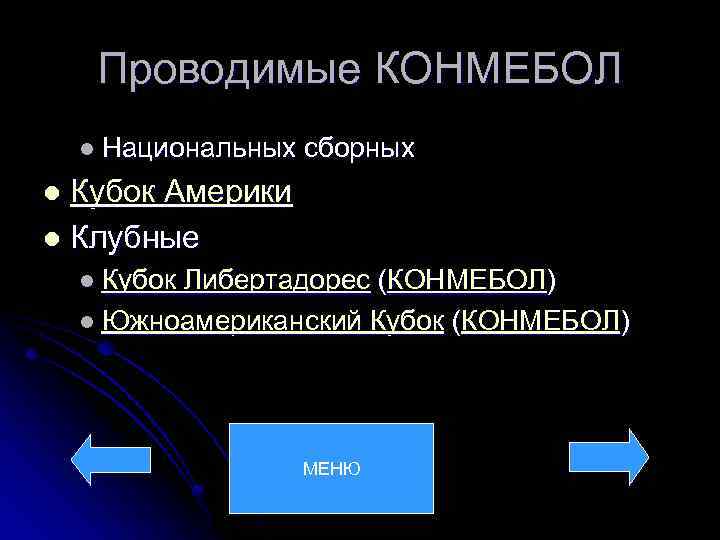 Проводимые КОНМЕБОЛ l Национальных сборных Кубок Америки l Клубные l l Кубок Либертадорес (КОНМЕБОЛ)