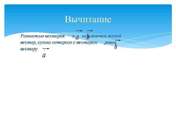 Вычитание Разностью векторов и называется такой вектор, сумма которого с вектором равна вектору. 