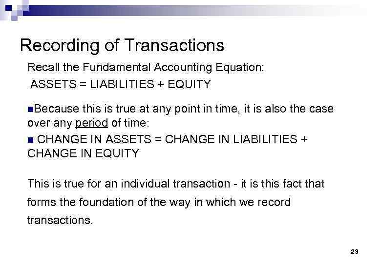 Recording of Transactions Recall the Fundamental Accounting Equation: ASSETS = LIABILITIES + EQUITY n.