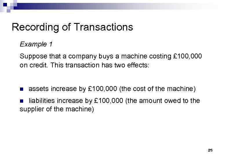 Recording of Transactions Example 1 Suppose that a company buys a machine costing £