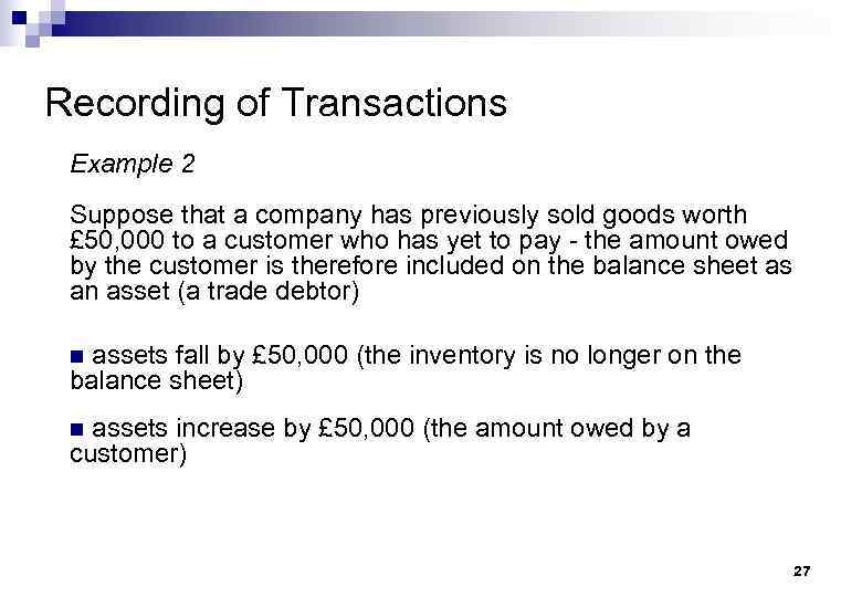 Recording of Transactions Example 2 Suppose that a company has previously sold goods worth