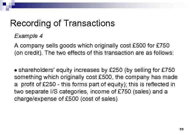 Recording of Transactions Example 4 A company sells goods which originally cost £ 500