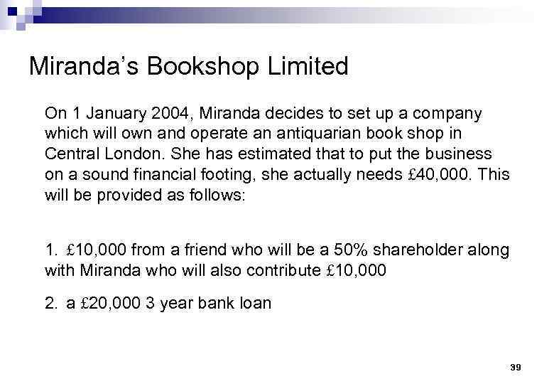 Miranda’s Bookshop Limited On 1 January 2004, Miranda decides to set up a company