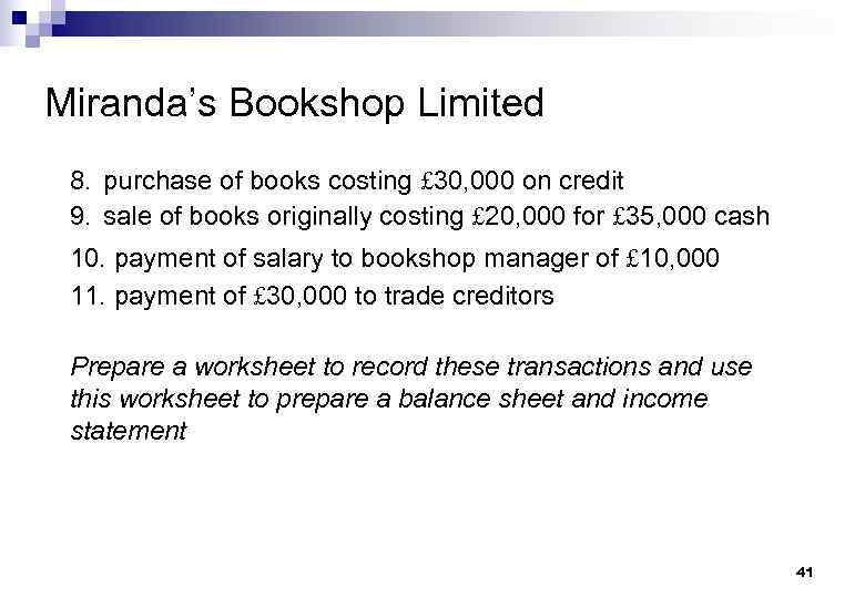 Miranda’s Bookshop Limited 8. purchase of books costing £ 30, 000 on credit 9.