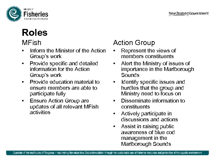 Roles MFish Action Group • • • Inform the Minister of the Action Group’s