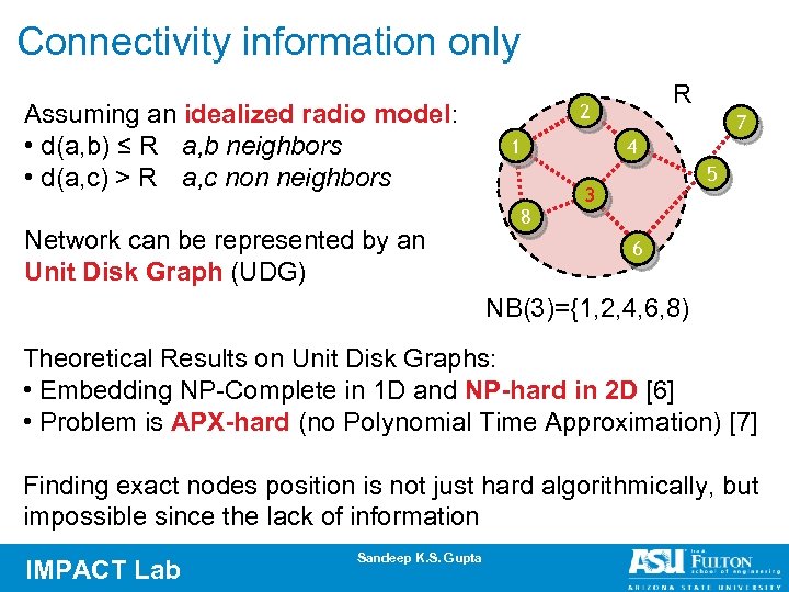 Connectivity information only Assuming an idealized radio model: • d(a, b) ≤ R a,