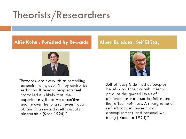 Theorists/Researchers Alfie Kohn : Punished by Rewards “Rewards are every bit as controlling as