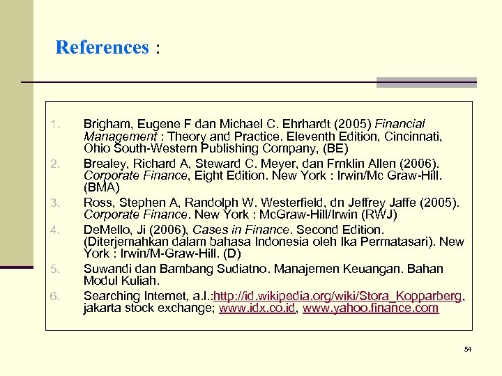 References : 1. 2. 3. 4. 5. 6. Brigham, Eugene F dan Michael C.