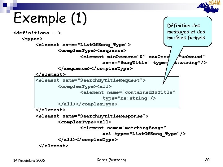 Exemple (1) Définition des messages et des modèles formels <definitions … > <types> <element