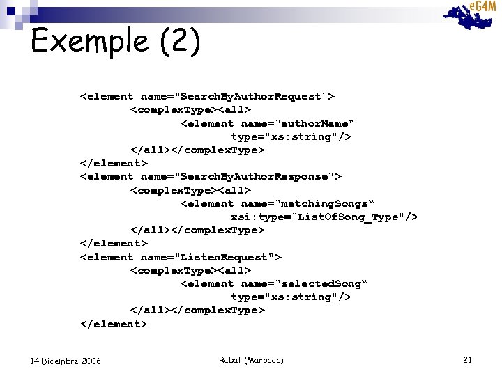 Exemple (2) <element name="Search. By. Author. Request"> <complex. Type><all> <element name="author. Name“ type="xs: string"/>