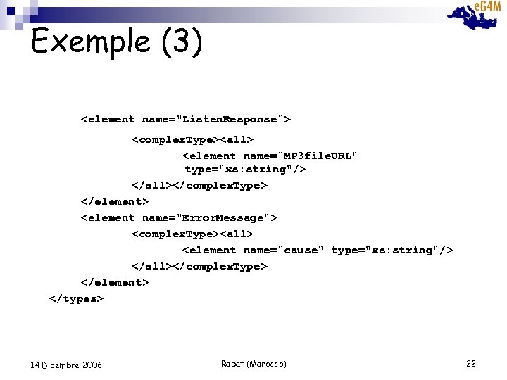Exemple (3) <element name="Listen. Response"> <complex. Type><all> <element name="MP 3 file. URL" type="xs: string"/>
