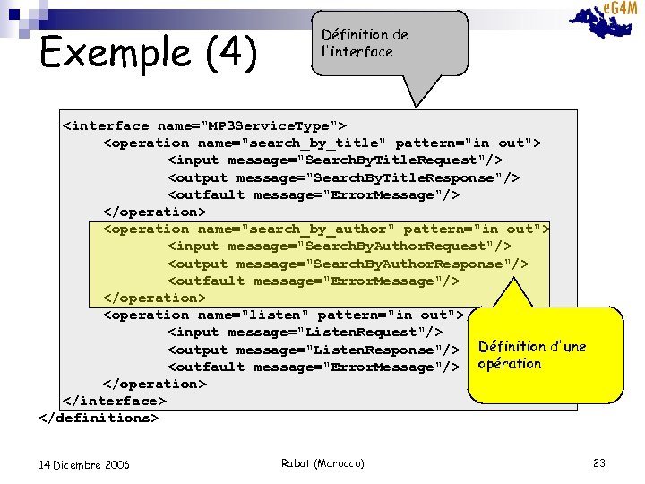 Exemple (4) Définition de l'interface <interface name="MP 3 Service. Type"> <operation name="search_by_title" pattern="in-out"> <input