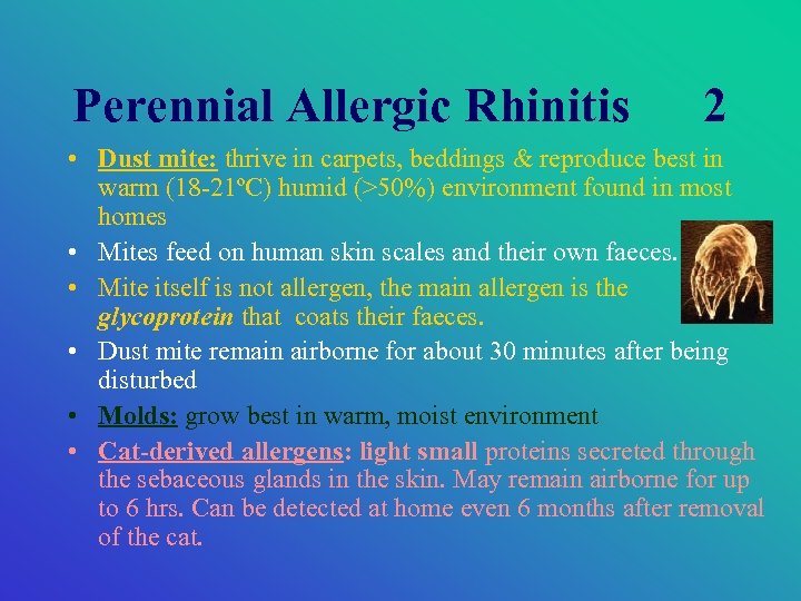 Perennial Allergic Rhinitis 2 • Dust mite: thrive in carpets, beddings & reproduce best