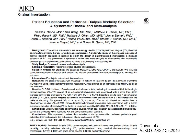 Devoe et al AJKD 68: 422 -33, 2016 