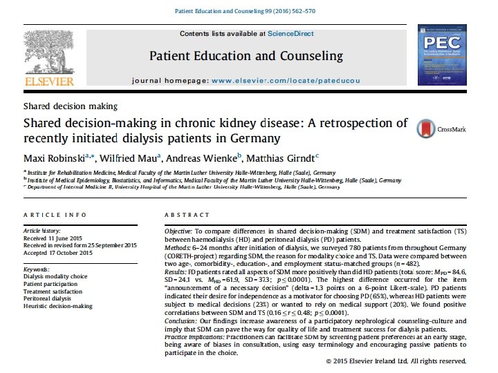 Robinski et al. Patient Educ Couns 99: 56270, 2016 