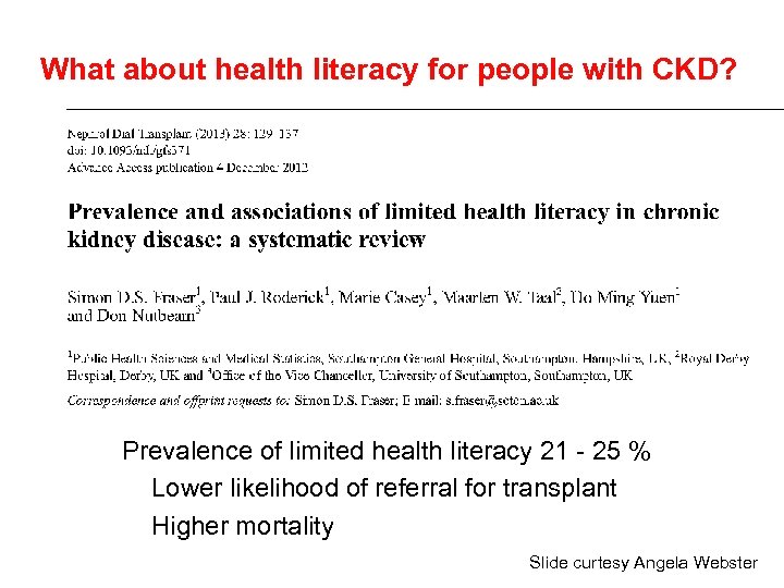 What about health literacy for people with CKD? Prevalence of limited health literacy 21