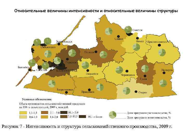 Относительные величины интенсивности и относительные величины структуры Рисунок 7 - Интенсивность и структура сельскохозяйственного