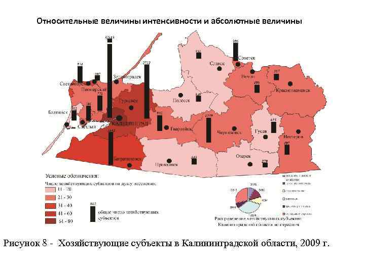 Относительные величины интенсивности и абсолютные величины Рисунок 8 - Хозяйствующие субъекты в Калининградской области,