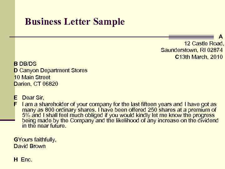 Business Letter Sample A 12 Castle Road, Saunderstown, RI 02874 C 13 th March,