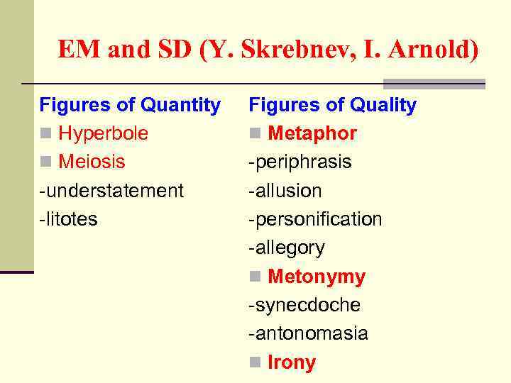 EM and SD (Y. Skrebnev, I. Arnold) Figures of Quantity n Hyperbole n Meiosis