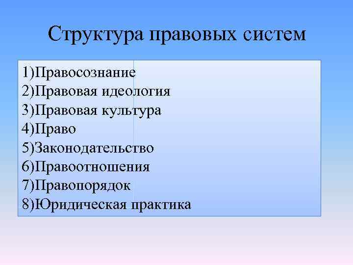 Структура правовых систем 1)Правосознание 2)Правовая идеология 3)Правовая культура 4)Право 5)Законодательство 6)Правоотношения 7)Правопорядок 8)Юридическая практика