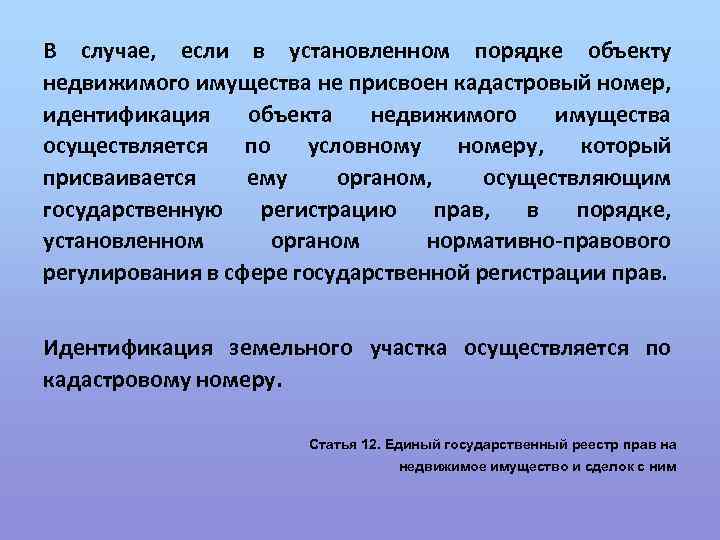 В случае, если в установленном порядке объекту недвижимого имущества не присвоен кадастровый номер, идентификация