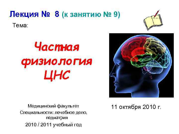 Лекция № 8 (к занятию № 9) Тема: Частная физиология ЦНС Медицинский факультет Специальности: