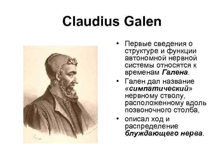 Claudius Galen • Первые сведения о структуре и функции автономной нервной системы относятся к