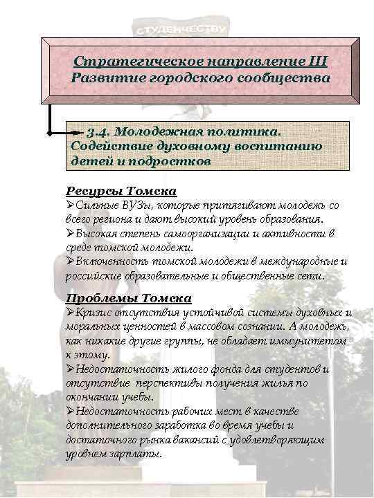 Стратегическое направление III Развитие городского сообщества 3. 4. Молодежная политика. Содействие духовному воспитанию детей