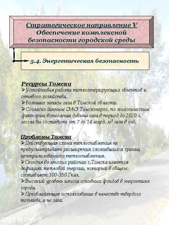 Стратегическое направление V Обеспечение комплексной безопасности городской среды 5. 4. Энергетическая безопасность Ресурсы Томска