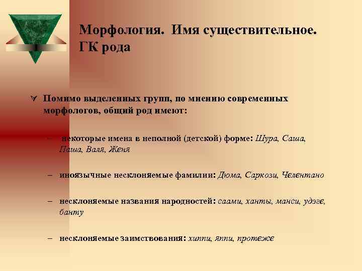 Морфология. Имя существительное. ГК рода Ú Помимо выделенных групп, по мнению современных морфологов, общий