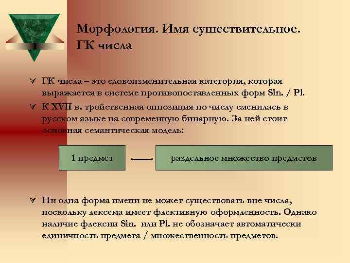 Морфология. Имя существительное. ГК числа Ú ГК числа – это словоизменительная категория, которая выражается