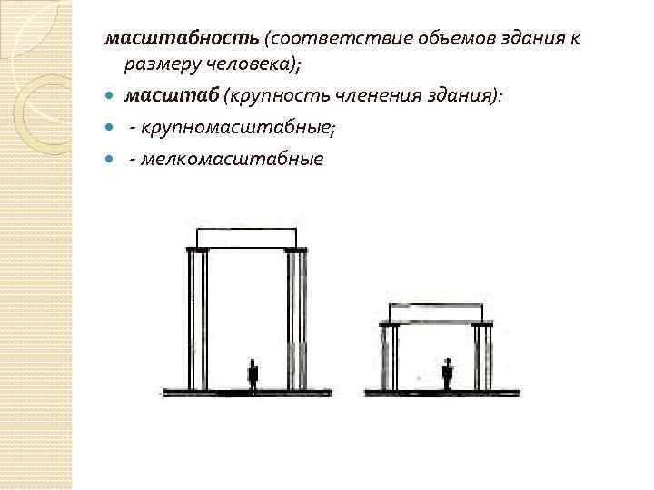 масштабность (соответствие объемов здания к размеру человека); масштаб (крупность членения здания): - крупномасштабные; -