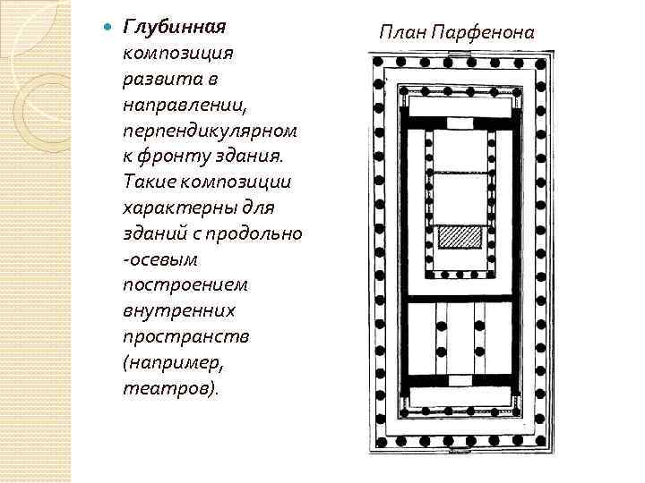  Глубинная композиция развита в направлении, перпендикулярном к фронту здания. Такие композиции характерны для