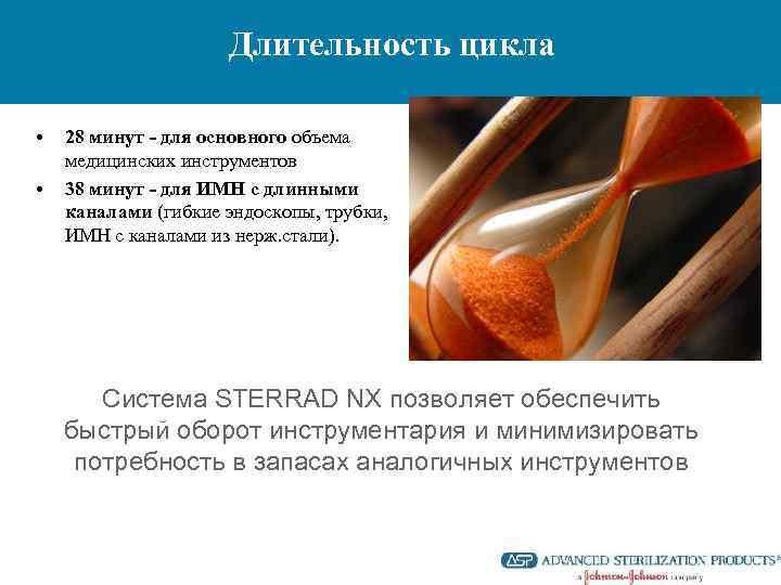Длительность цикла • • 28 минут - для основного объема медицинских инструментов 38 минут