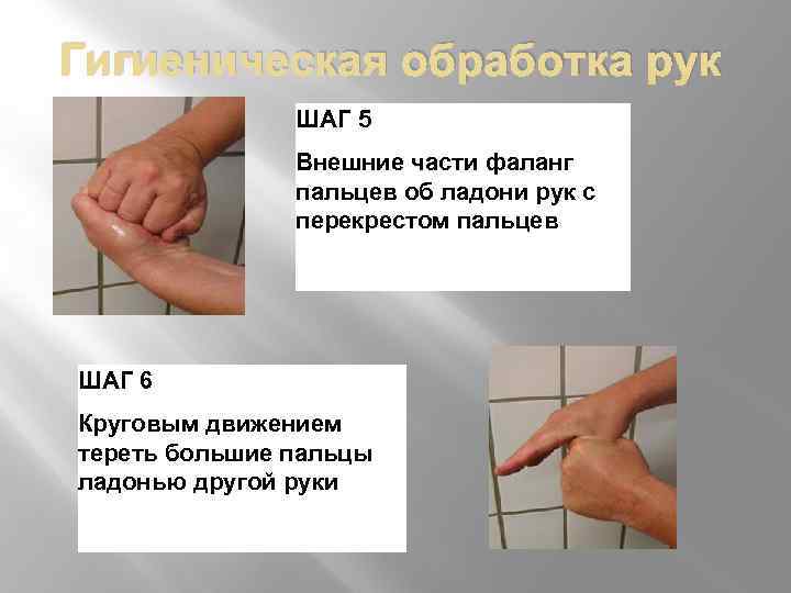 Гигиеническая обработка рук ШАГ 5 Внешние части фаланг пальцев об ладони рук с перекрестом