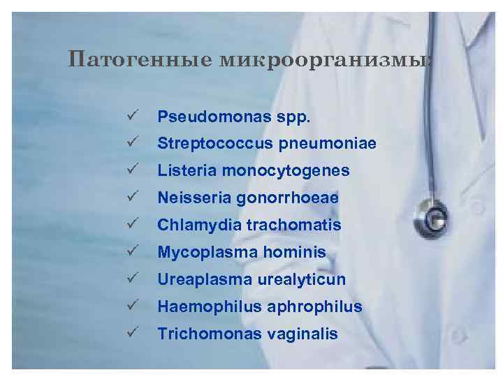 Патогенные микроорганизмы: ü Pseudomonas spp. ü Streptococcus pneumoniae ü Listeria monocytogenes ü Neisseria gonorrhoeae