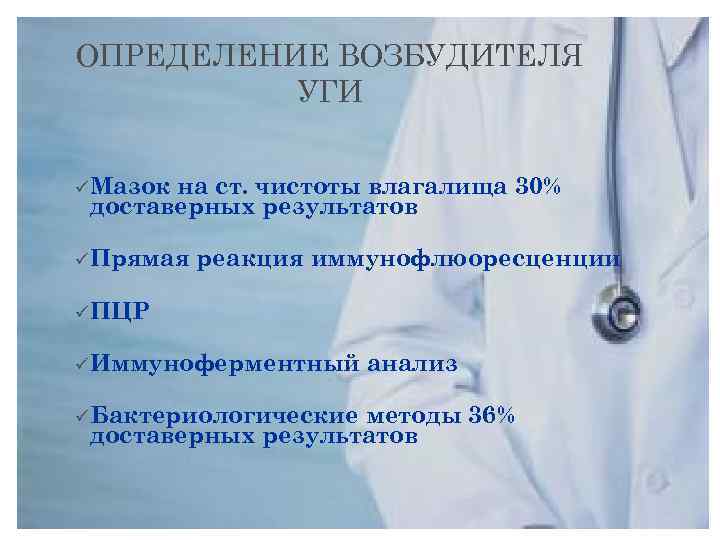 ОПРЕДЕЛЕНИЕ ВОЗБУДИТЕЛЯ УГИ ü Мазок на ст. чистоты влагалища 30% доставерных результатов ü Прямая